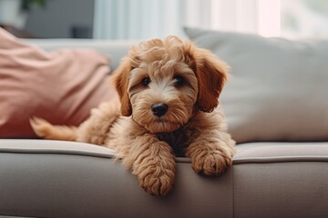 goldendoodle puppy dog at minimal home interior lying on beige couch - obrazy, fototapety, plakaty