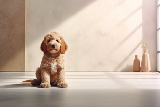 goldendoodle puppy dog at minimal home interior sitting on the floor
