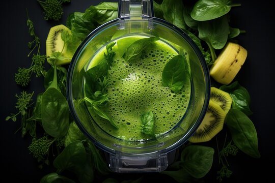 Green Smoothie Blender Top View Highspeed Photo. Fresh Squeezed Fruit Drink In The Making Inside Mixer View From Above.