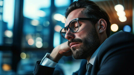 Contemplative Businessman Working Late Night in Office
