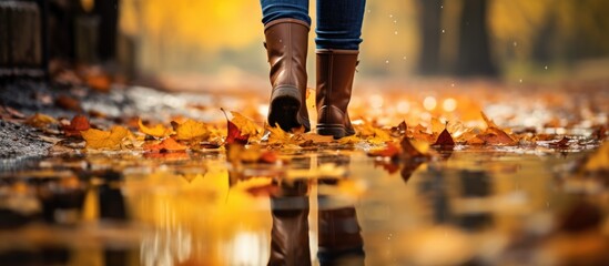 Women's feet in boots walk in a puddle with an autumn umbrella. - Powered by Adobe