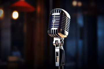 Retro style microphone on blurred background