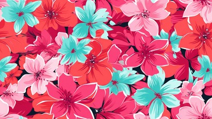  a bunch of flowers that are red, pink, and blue with some blue and pink flowers in the middle of them.