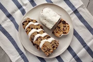 Homemade Christmas Stollen Bread on a Plate, top view. Flat lay, overhead, from above.