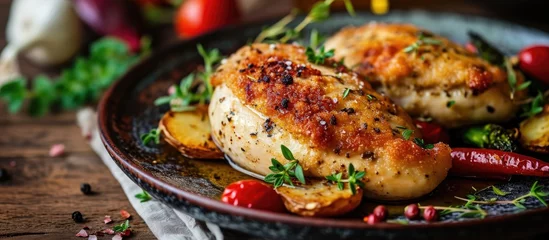 Tuinposter Breaded chicken breast stuffed with butter, garlic, and herbs, served with vegetables on a plate. © 2rogan