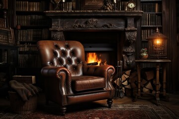 Old armchair near the fireplace in the room