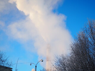 Smoke from a factory chimney. Ecological pollution. Air emissions polluting forest. Industrial...