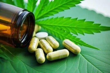 Medicine herb. Herbal pills with healthy medical plant. Green leaf, alternative drug. Natural pharmaceutical capsule. Vitamin supplement for care, medication, treatment. CBD pills.