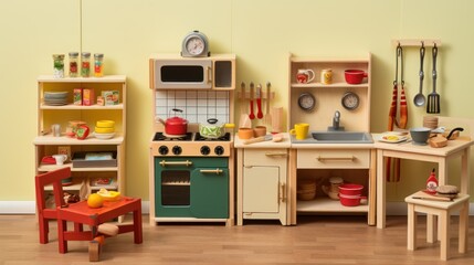  a child's play kitchen with a stove, sink, oven, and table in a room with yellow walls.