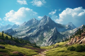 Illustration of mountain peak and green landscape
