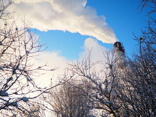 Smoke from a factory chimney. Ecological pollution. Air emissions polluting forest. Industrial...