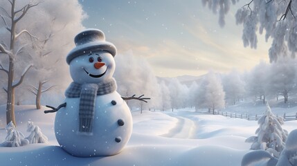 Obraz premium Knitted Bliss: Adorable Snowman in Winter Landscape. Generative AI