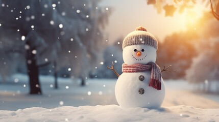 Obraz premium Frosty's Finery: Charming Snowman in Winter Wonderland with Falling Snow. Generative AI