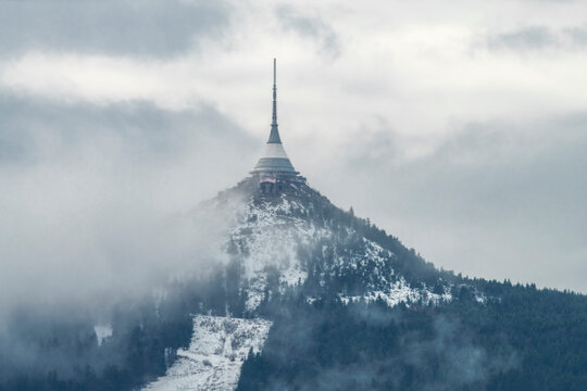 Hotel on hill Jested in snowy winter day in Liberec CZ 12 30 2023