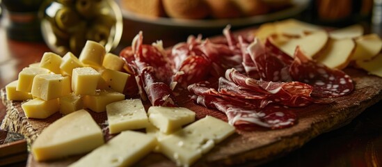 Spanish culinary delicacies: Iberian ham and aged sheep cheese. - obrazy, fototapety, plakaty