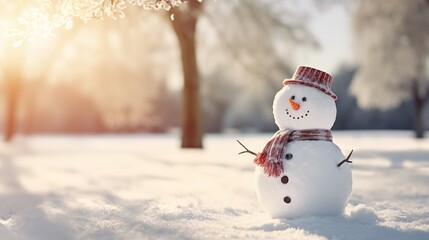 Scarf and Hat Charm: Cute Snowman in Enchanting Winter Scene. Generative AI