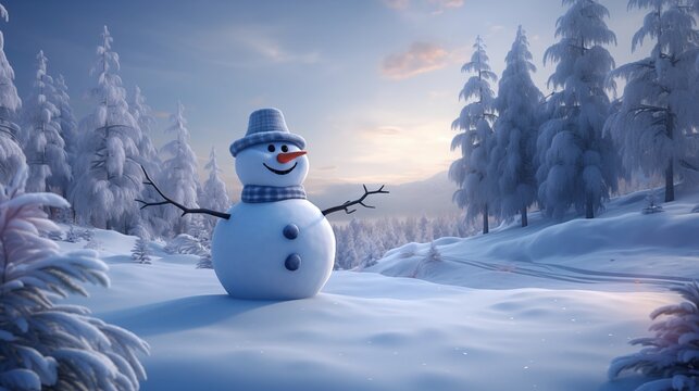 Winter Magic: Whimsical Snowman with Hat and Scarf. Generative AI