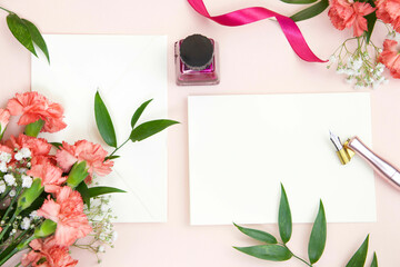 Bouquet of carnation and card, empty space for text entry