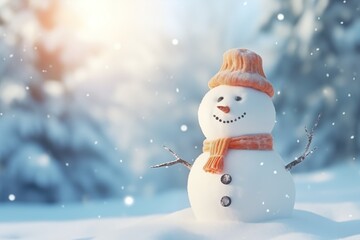 Snowman Delight: Enchanting Winter Scene with Knitted Accessories and falling snow. Generative AI
