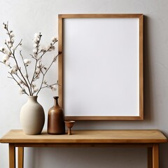 Empty mock up poster frame on wooden console table. Interior design of modern living room with grey stucco wall and clay vase with twig, Generative AI
