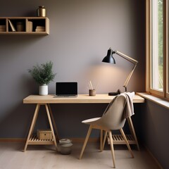 Cozy workplace with wooden writing desk and chair near grey wall. Interior design of modern scandinavian home office, Generative AI