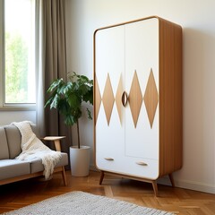 Free standing wooden wardrobe with white doors decorated with wooden shapes. Scandinavian style interior design of modern bedroom, Generative AI
