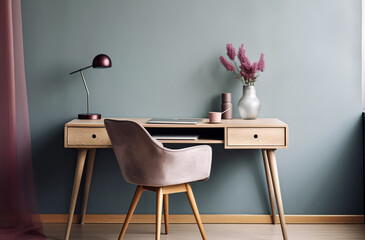 Home workplace with wooden drawer writing desk and grey fabric chair near turquoise wall with copy space. Interior design of modern scandinavian home office, Generative AI