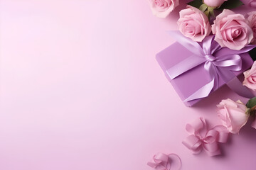 Top view gift box on pink background with roses, Mother's day, Valentine's day, March 8 and Women's Day banner concept with copy space for text