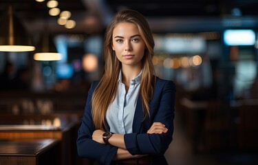 an attractive young woman in full business attire with her arms crossed, in the style of panasonic lumix s pro 50mm f/1.4, t, exaggerated facial features, blue and amber, stan lee, english major. - obrazy, fototapety, plakaty