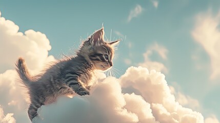 Grey kitten on a white cloud in sky, harmony cat in heaven, reincarnation after life