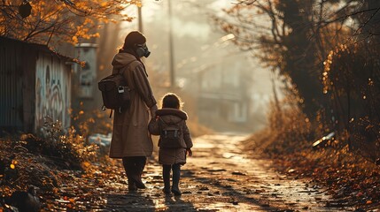 A picture of a gloomy post-apocalyptic future, a mother and daughter in gas masks go home with backpack