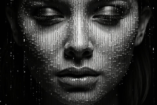 Black and white portrait of a woman with closed eyes. Drawing of a woman's face. Generated by artificial intelligence
