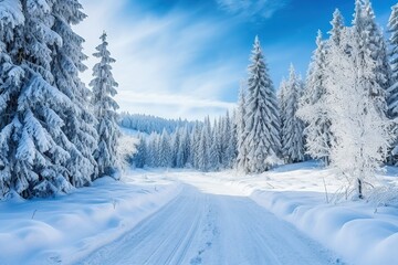 Snowy winter road in forest. Beautiful winter landscape