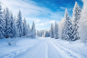 Fototapeta premium Snowy winter road in forest. Beautiful winter landscape