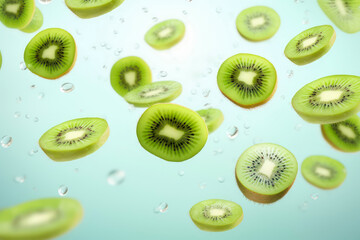 Fototapeta premium kiwi slices with water floating in mid-air 