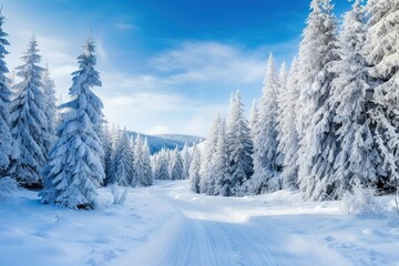 Snowy winter road in forest. Beautiful winter landscape