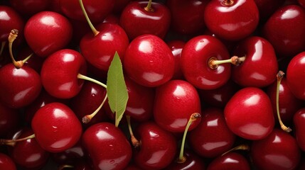 Obraz premium a close up of a bunch of cherries with a green leaf on the top of one of the cherries.
