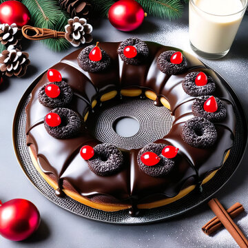 Rosc&oacute;n de Reyes con chocolate rosquillas y guindas junto a un vaso de leche y adornos navide&ntilde;os 