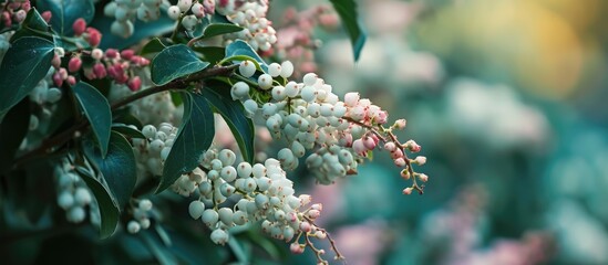 White Coralberry shrub with hanging cluster of white berries and pink flowers under blue-green leaves.