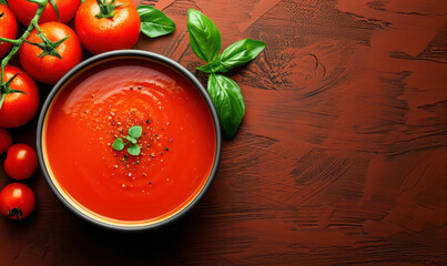 fresh tomato soup with basil garnish,top down view with copy space background