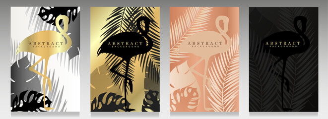 Tropical cover set. Luxury collection of vector templates, whit exotic leaves and flamingos silhouettes. White, black, gold and pink gradient background.