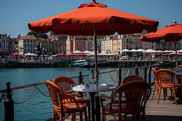 Fototapeta premium Sun kissed coastal promenade vibrant outdoor dining and leisurely activities in a charming setting