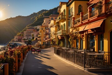 Fototapeta premium Charming coastal promenade sun soaked dining and leisurely activities in a vibrant setting