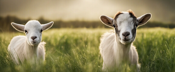 Obraz premium Adorable young goats relax in grassy field