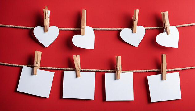 Clothesline with wooden hearts and paper notes on red background banner, with room for text