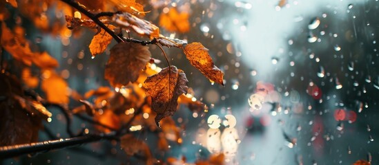 Chilly, yet delightful autumn rain with orange leaves creating a cozy atmosphere.
