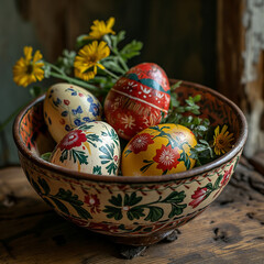 Traditional Easter eggs, pottery, and flowers arranged in a decorative bowl AI Generated