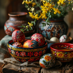 Traditional Easter eggs, pottery, and flowers arranged in a decorative bowl AI Generated