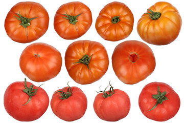 Tomatoes isolated on a white background. Set or collection, sliced and whole, top view, close-up, isolated background.