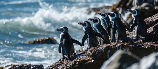 Breeding black-footed penguins in their hide on a rocky beach at Betty's Bay. - Powered by Adobe
